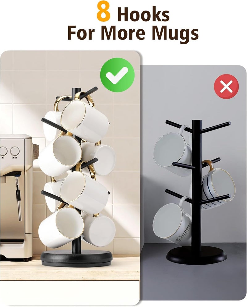Lorbro Coffee Mug Tree, 360° Rotated Mug Holder with 8 Hooks, Wooden Coffee Cup Holder Rack Stand Accessories for Countertop Kitchen Decor Organizer - Image 3